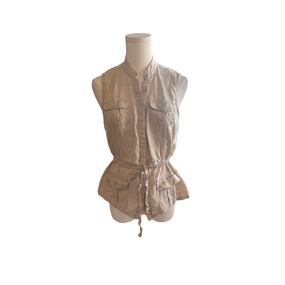 Carol Little 100% Linen Utility Safari Vest Medium Beige Tie Waist